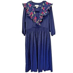 Toni Todd Midi Dress Women 8 Blue Polka Dot Floral Ruffle Collar Vintage 80s